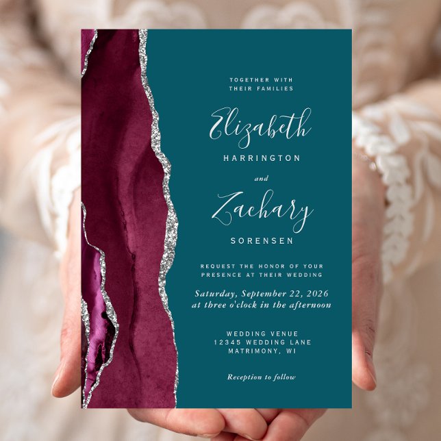 Invitation Modern Burgundy Silver Agate Teal Blue Wedding (Créateur téléchargé)