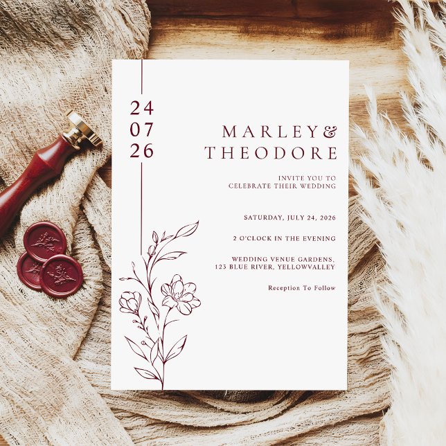Invitation Modern Burgundy Typography Floral Line Art Wedding (Créateur téléchargé)