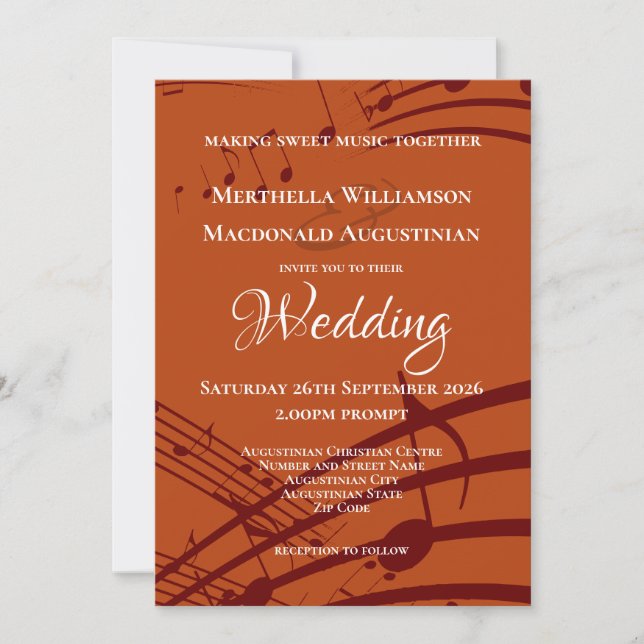 Invitation Modern Burnt Orange Music Notes Mariage (Devant)