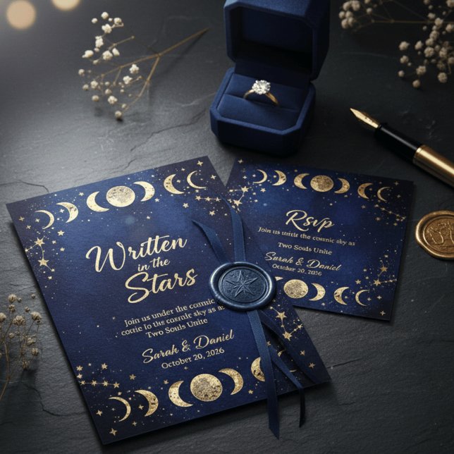 Invitation Modern Celestial Navy and Gold Moon Stars Wedding  (Créateur téléchargé)
