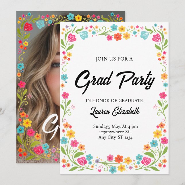 Invitation modern chic boho bright wild flowers graduation (Devant / Derrière)