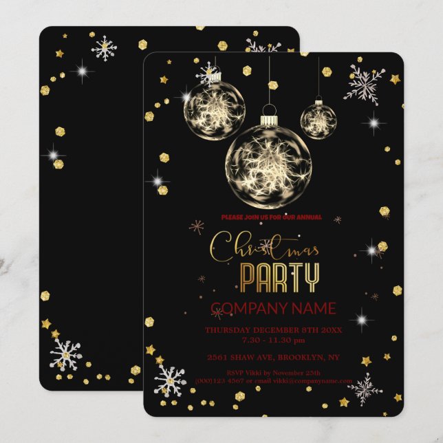 Invitation Modern Chic Corporate, Christmas gold decoration  (Devant / Derrière)