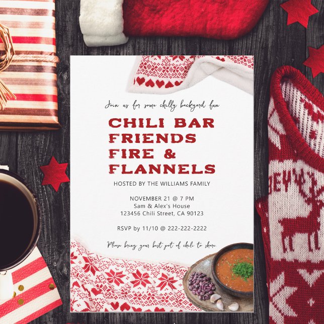 Invitation Modern Chili Amis Flanelle Fête de Remerciement Po (Modern Chili Friends Flannel Friendsgiving Friendsmas Potluck Invitation Thanksgiving Christmas)