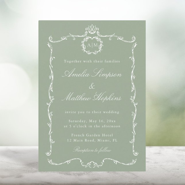 Invitation Modern Classic French Frame Wedding Sage Green (Créateur téléchargé)