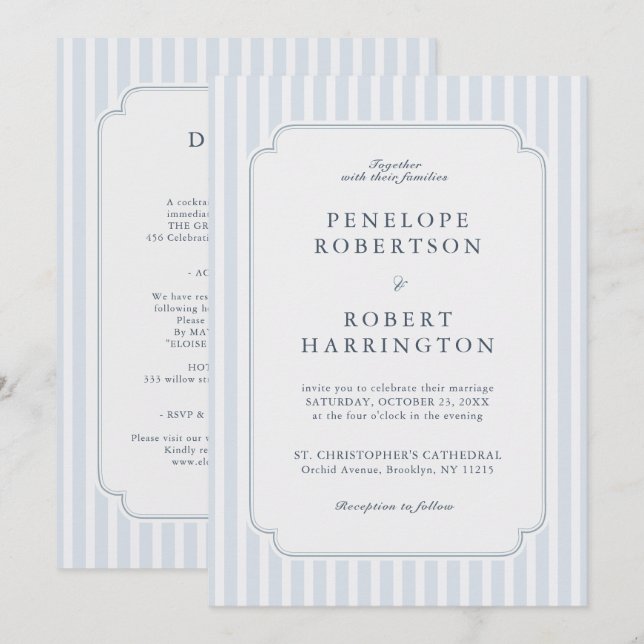 Invitation Modern Classic Stripes Blue All in one  Wedding (Devant / Derrière)