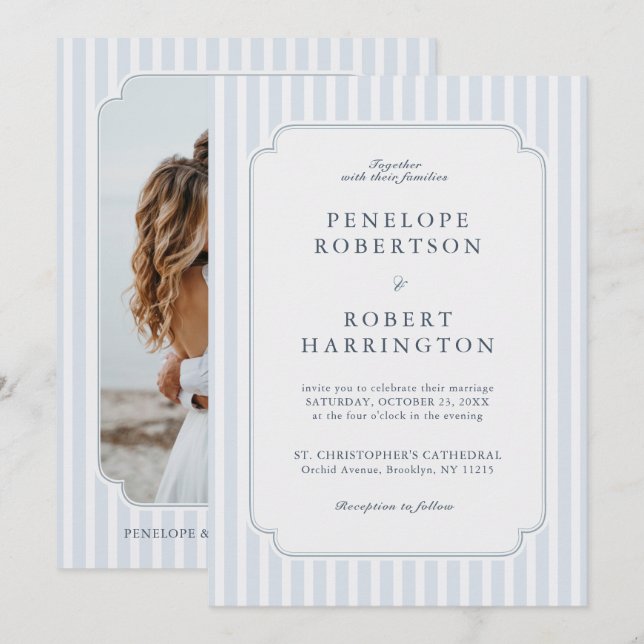 Invitation Modern Classic Stripes Dusty Blue Photo Wedding  (Devant / Derrière)