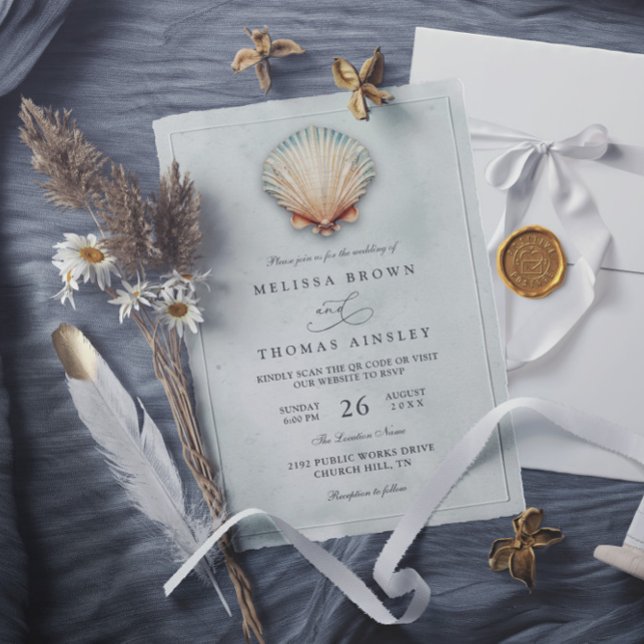 Invitation Modern Coastal Seashell Aqua QR Code Wedding (Créateur téléchargé)