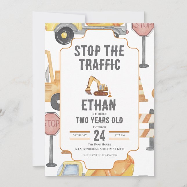 Invitation Modern Construction Birthday Invite Child Toddler  (Devant)
