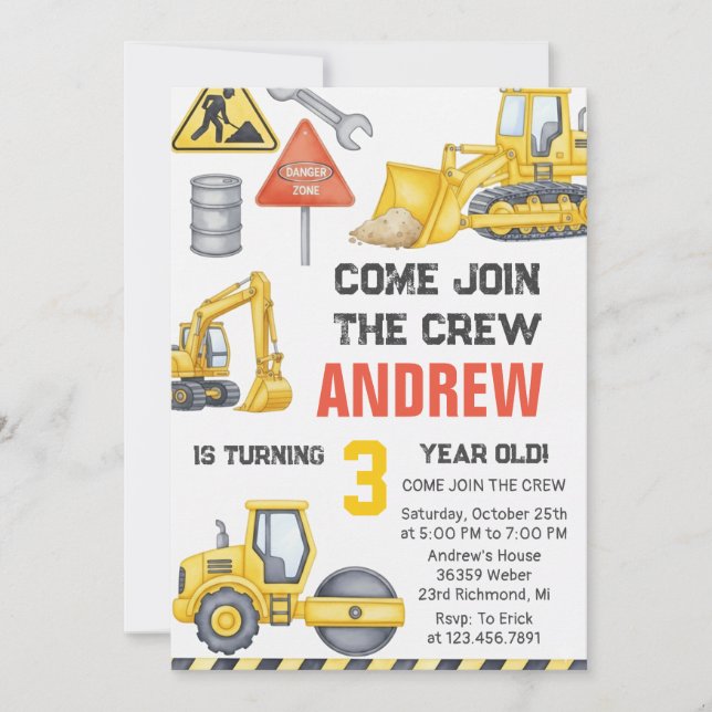 Invitation Modern Construction Birthday Party custom photo (Devant)