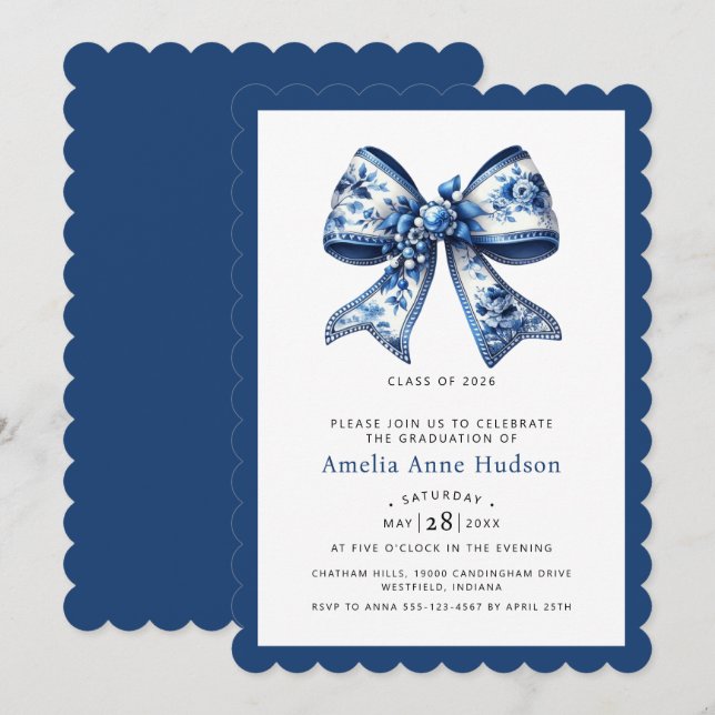 Invitation Modern Coquette Blue Floral Bow Graduation Party (Devant / Derrière)