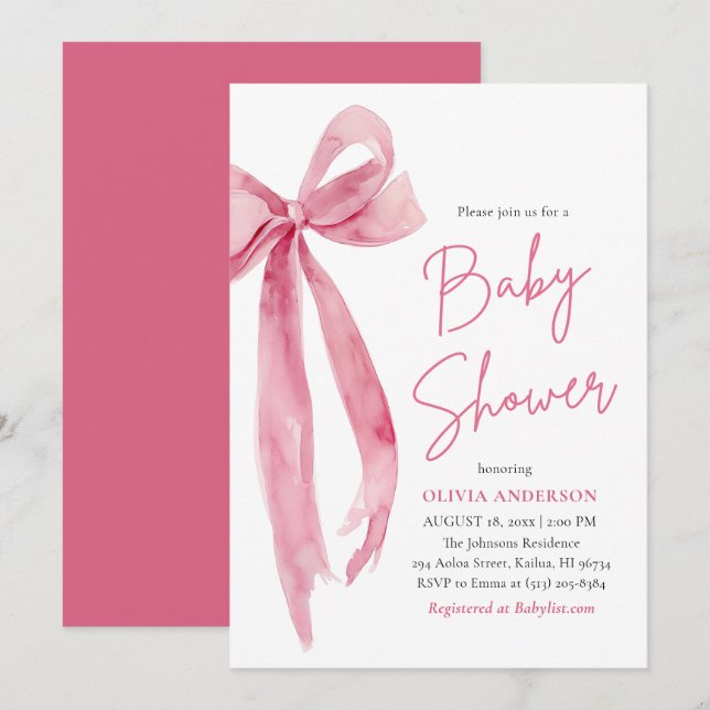 Invitation Modern Cute Blush Pink Bow Baby Shower (Devant / Derrière)