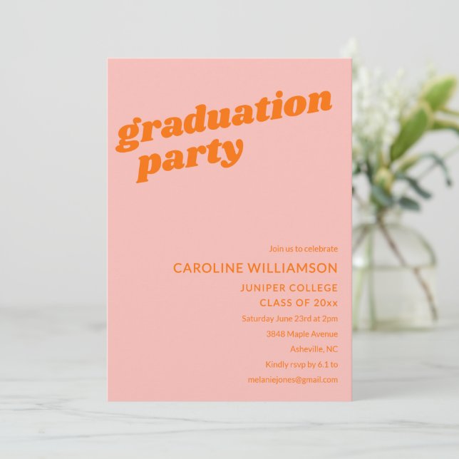 Invitation Modern Cute Pink Orange Retro Graduation Party (Debout devant)
