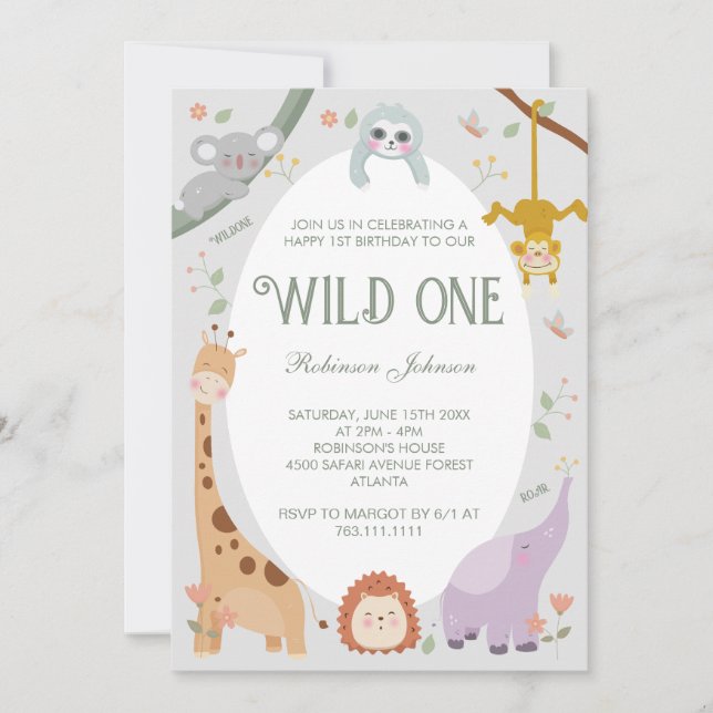 Invitation Modern Cute Wild One Safari Animaux Anniversaire P (Devant)