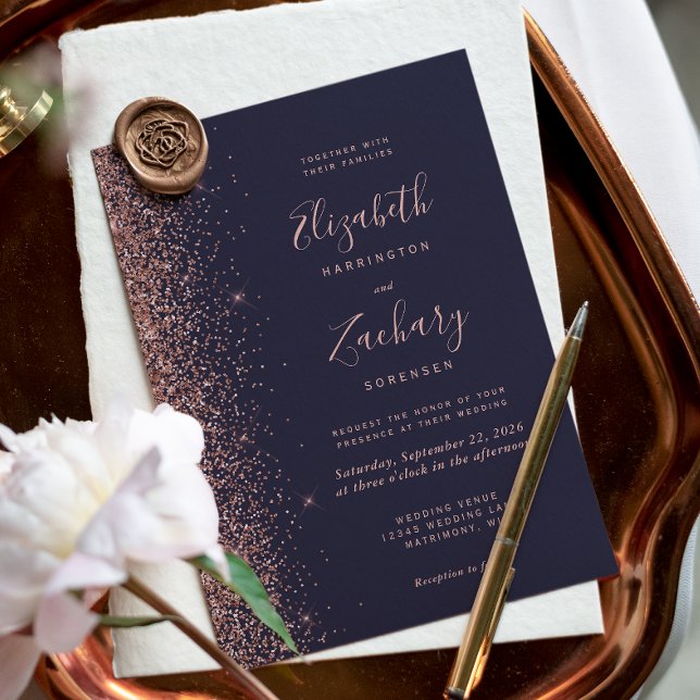 Invitation Modern Dark Blue Rose Gold Glitter Edge Wedding (Créateur téléchargé)