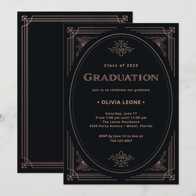 Invitation Modern Deco | Faux Rose Or et Noir Diplôme (Devant / Derrière)