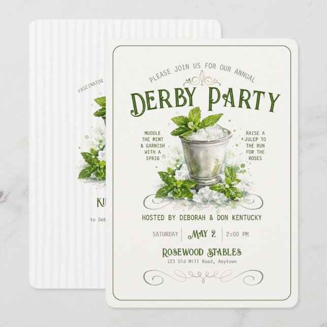 Invitation Modern Derby Party Watercolor Mint Julep Elegant (Devant / Derrière)
