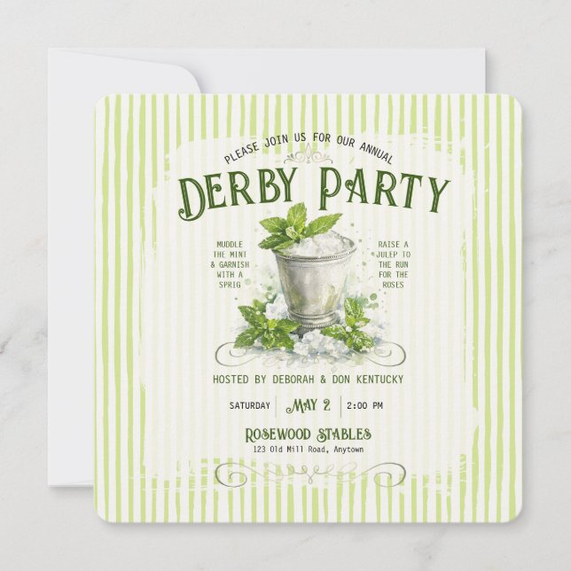 Invitation Modern Derby Party Watercolor Mint Julep Elegant (Devant)