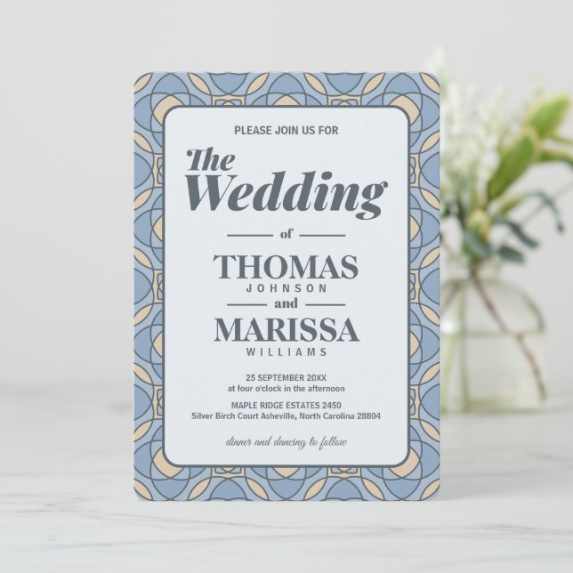Invitation Modern Dusty Blue Art Deco Geometric Wedding (Debout devant)