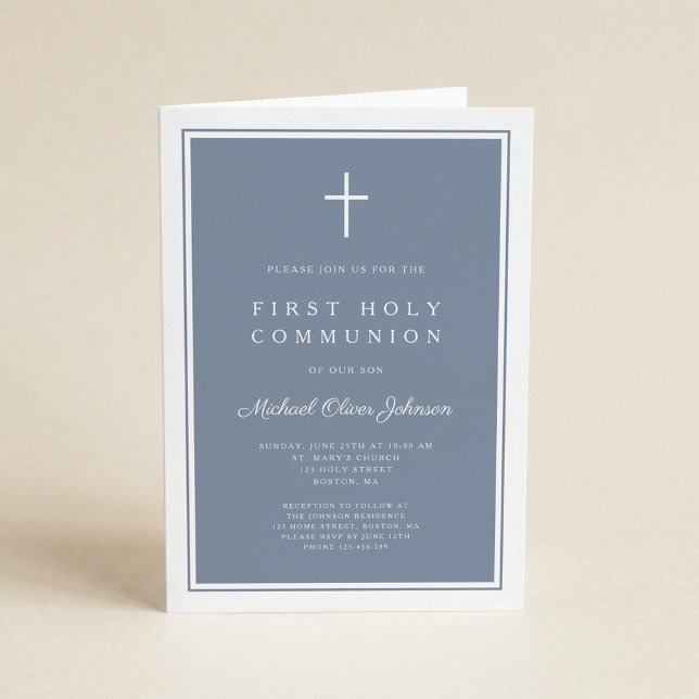 Invitation Modern Dusty Blue Cross Boy First Holy Communion (Créateur téléchargé)
