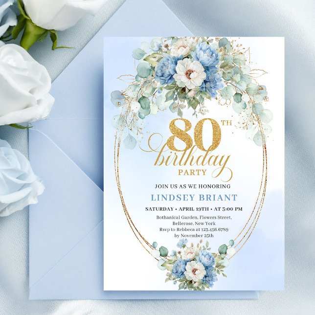 Invitation Modern Dusty Blue Floral Gold 80th Birthday Invite (Modern Dusty Blue Floral Gold 80th Birthday Invite)