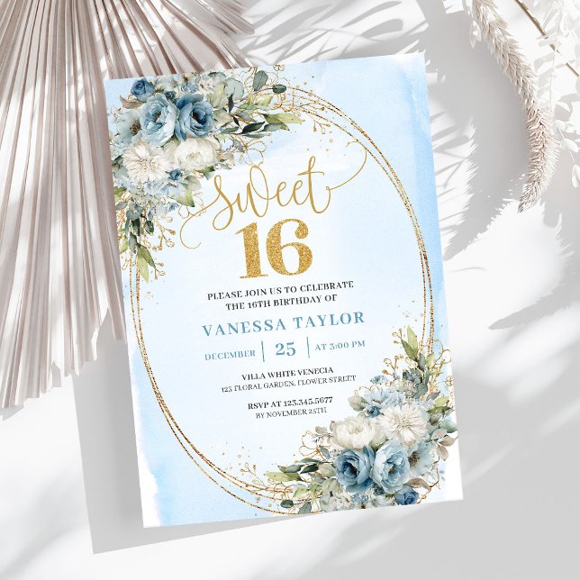 Invitation Modern Dusty Blue Floral Gold Sweet Sixteen Invite (Modern Dusty Blue Floral Gold Sweet Sixteen Invitation)