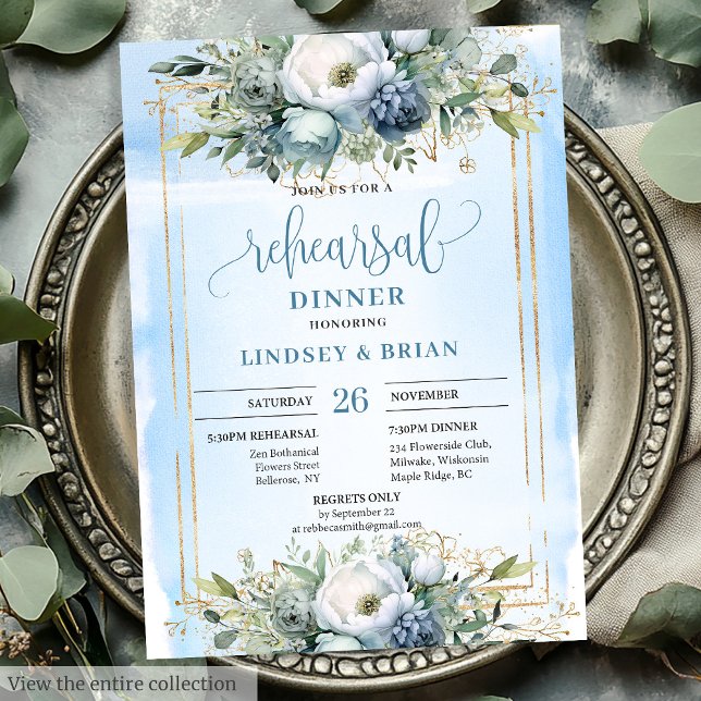 Invitation Modern Dusty Blue Gold Glitter Rehearsal Dinner   (Modern Dusty Blue Gold Glitter Rehearsal Dinner Card)