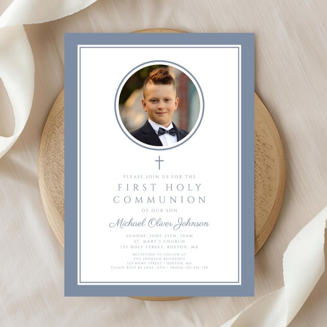 Invitation Modern Dusty Blue Photo Boy First Communion (Modern Dusty Blue Photo Boy First Communion Invitation)