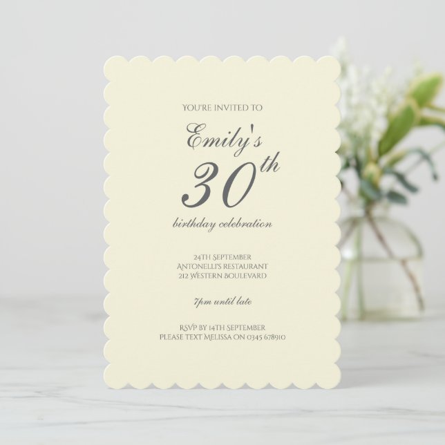 Invitation Modern Elegant Cream 30th Birthday Party (Debout devant)