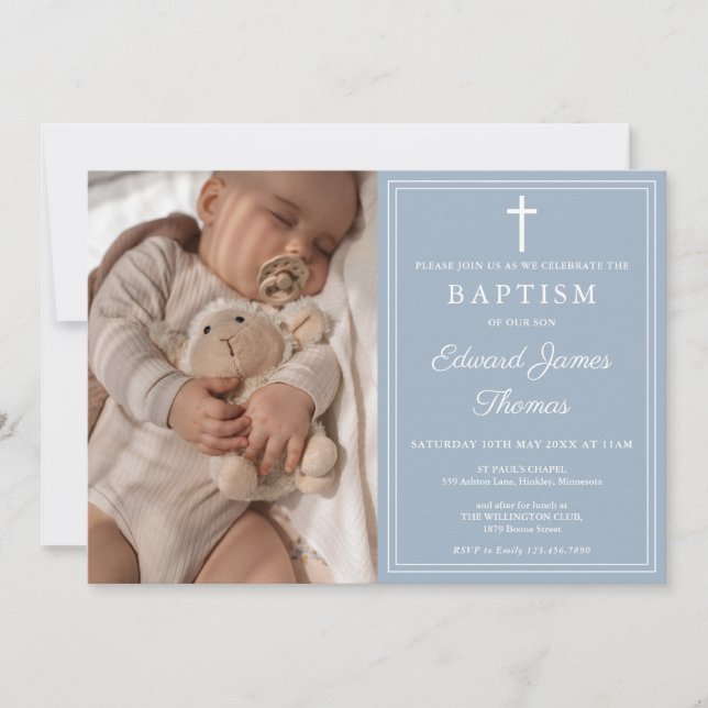 Invitation Modern Elegant Dusty Blue Photo Baptism (Devant)