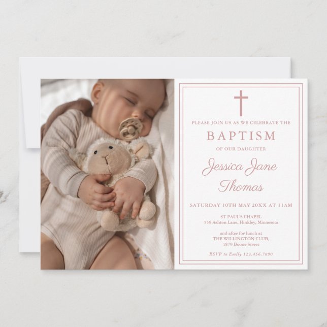 Invitation Modern Elegant Dusty Rose Pink Photo Baptism (Devant)