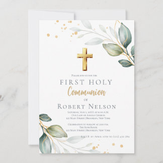 Invitation Modern Elegant Eucalyptus Gold First Communion 
