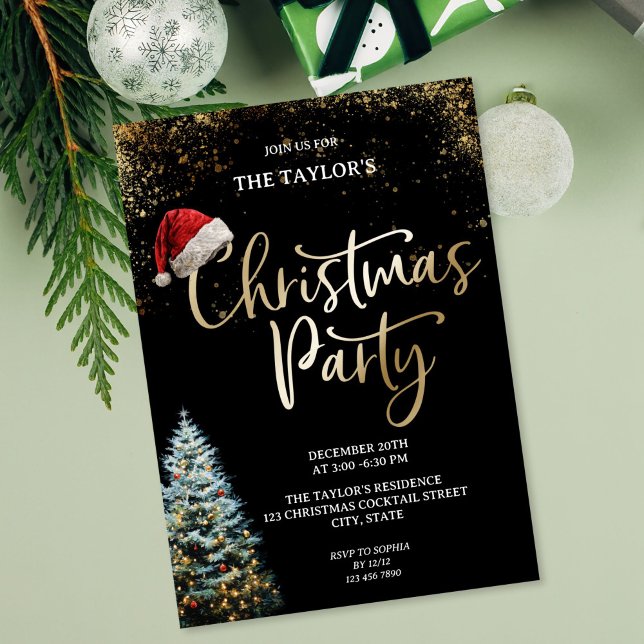 Invitation Modern Elegant Glitter Christmas Tree Party (Modern Elegant Glitter Christmas Tree Party Invitation with gold writing and santa's cap)