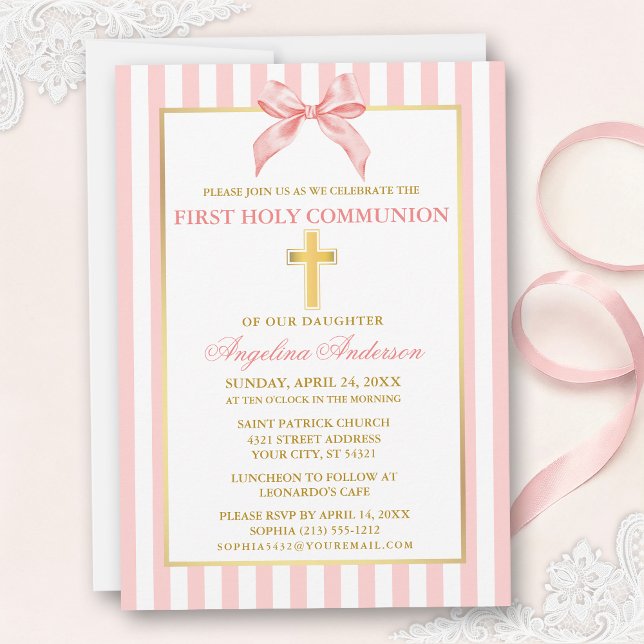 Invitation Modern Elegant Pink Blush Striped Communion (Customize to change text color, text size or style.)