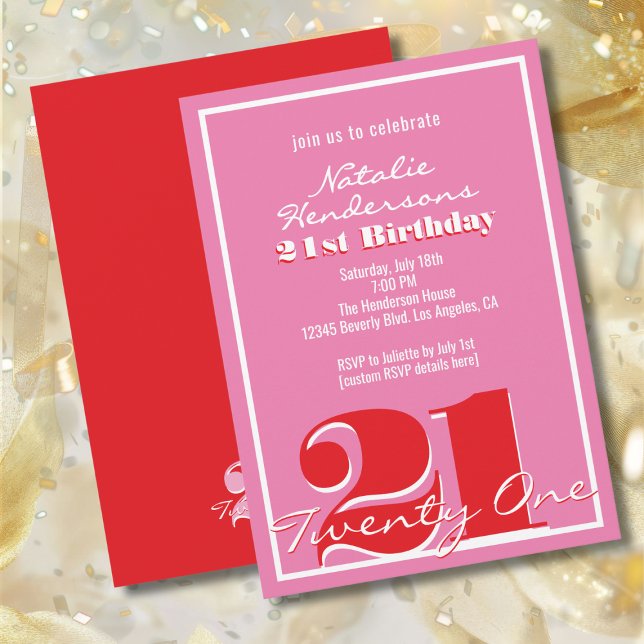 Invitation Modern Elegant Pink Red Retro 21st Birthday  (Créateur téléchargé)