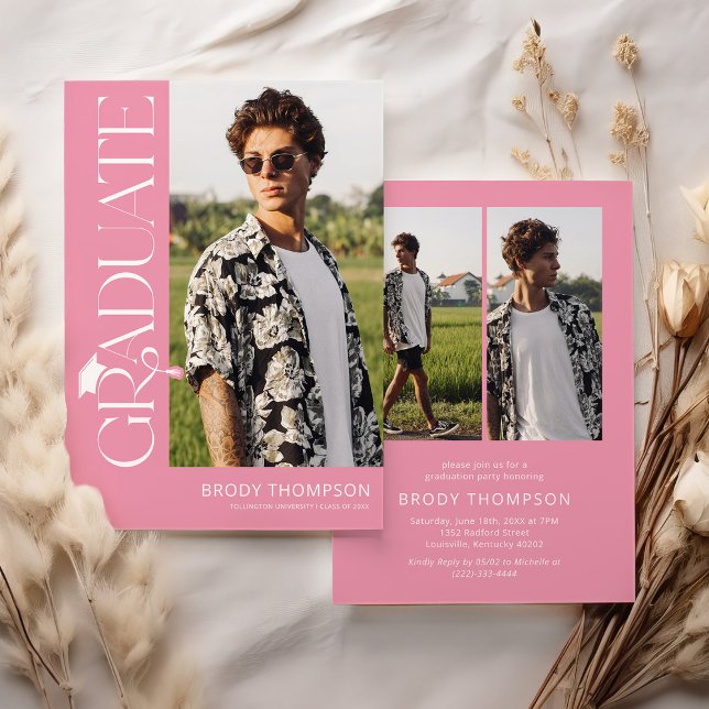 Invitation Modern Elegant Pink & White 3 Photo Graduation (Créateur téléchargé)
