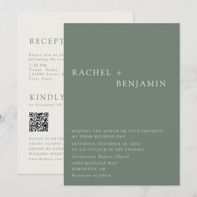 Invitation Modern Elegant Sage Green Wedding 2 Sided QR Code (Devant / Derrière)