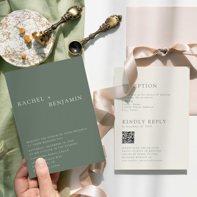 Invitation Modern Elegant Sage Green Wedding QR Code RSVP (Créateur téléchargé)