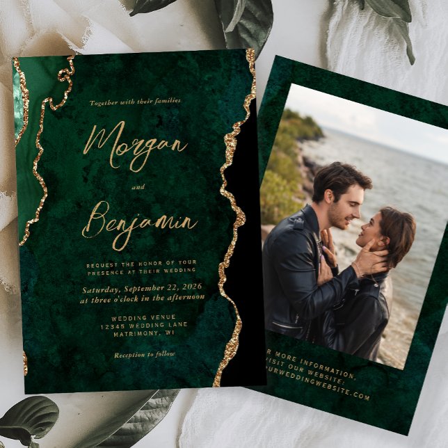 Invitation Modern Emerald Green Agate Script Photo Wedding (Créateur téléchargé)