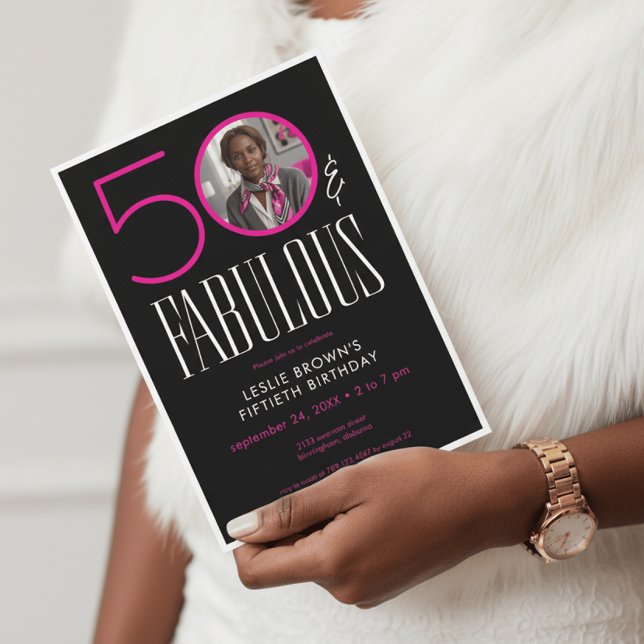 Invitation Modern Fifty Fabulous Pink White Photo Birthday (Créateur téléchargé)