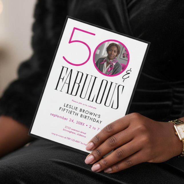 Invitation Modern Fifty Fabulous Pink White Photo Birthday (Créateur téléchargé)