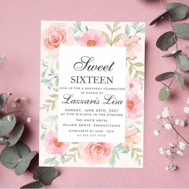 Invitation Modern Floral Birthday Gold Party Sweet Sixteen  (Créateur téléchargé)