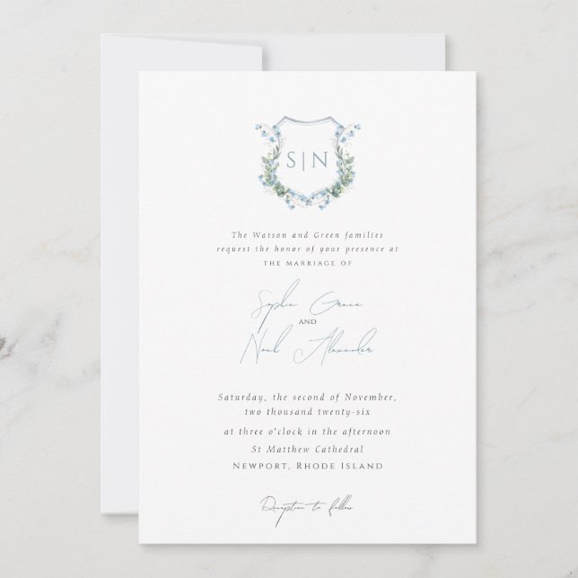 Invitation Modern Floral Monogram Crest Formal  Wedding (Devant)