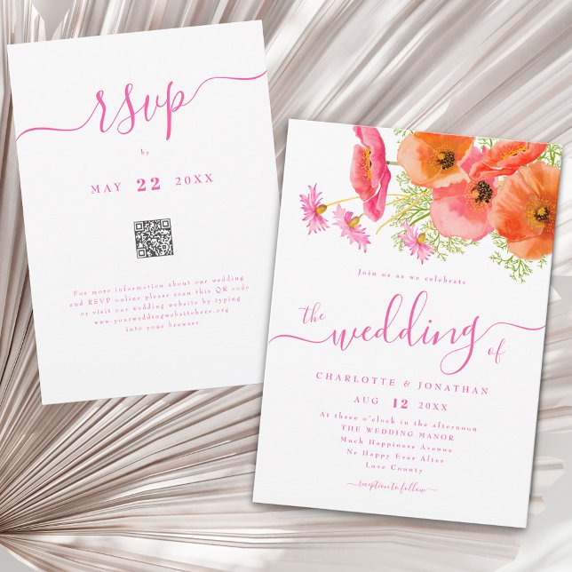 Invitation Modern Floral Vibrant Pink Orange Wedding Qr Code (Modern boho chic vibrant wildflower watercolor floral bouquet pink orange wedding qr code invitation)