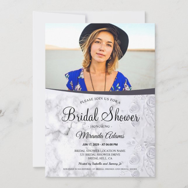 Invitation Modern Floral White Marble Photo Bridal Shower (Devant)