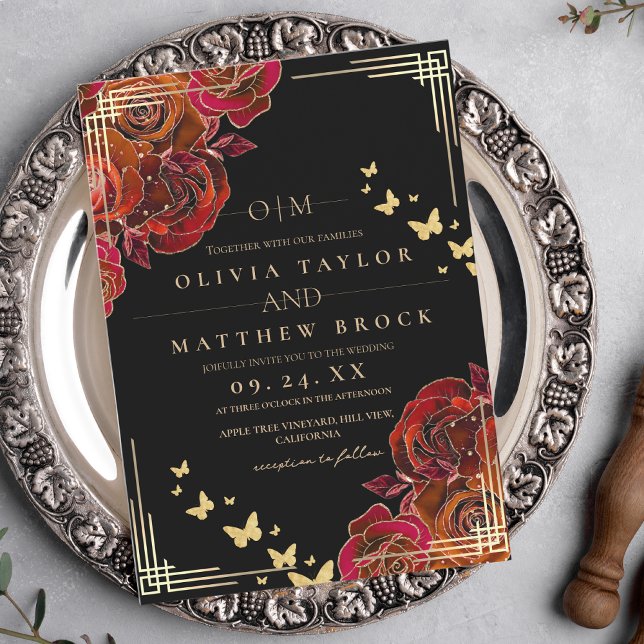 Invitation Modern Flower Red and  Black Gold Rose Wedding (Créateur téléchargé)