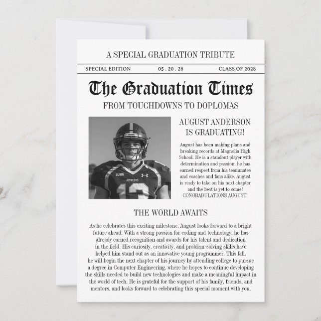 Invitation Modern Football Player Newspaper Photo Graduation (Devant)