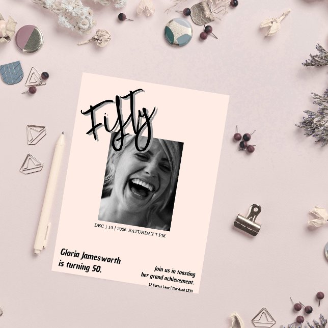Invitation Modern Funny Light Pink Photo 50th Birthday  (Créateur téléchargé)