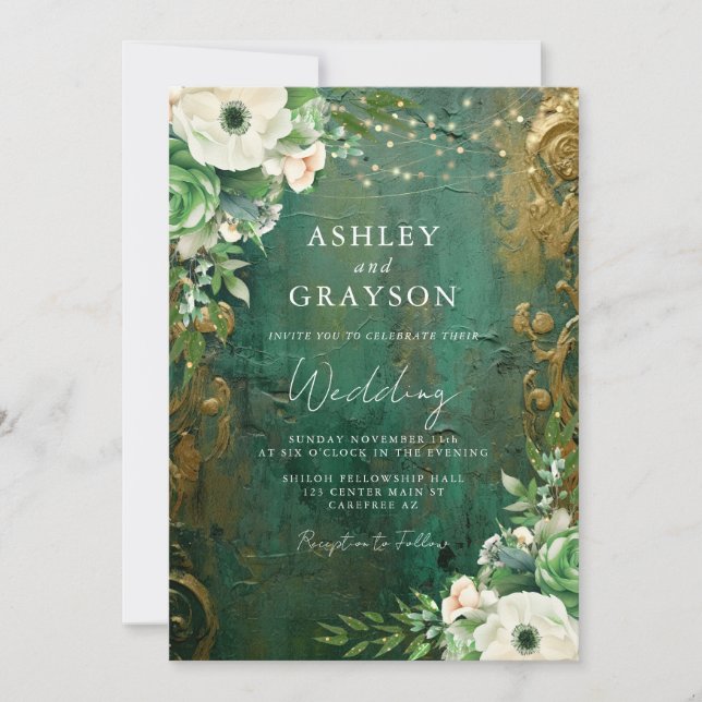 Invitation Modern Glam Emerald and Gold Wedding (Devant)