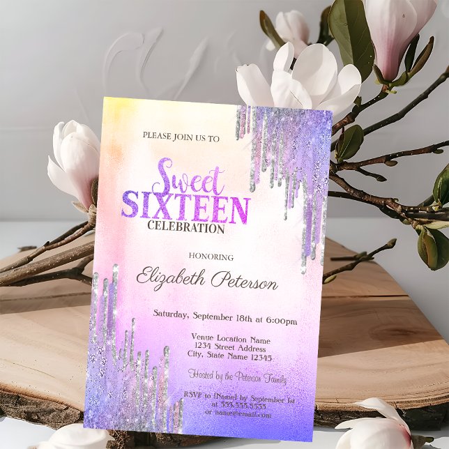 Invitation Modern Glitter Drips Ombre Metallic Sweet 16  (Créateur téléchargé)