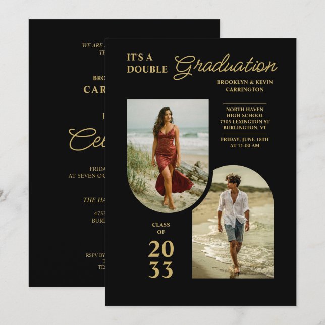Invitation Modern Gold Black Double Grad 2 Photo TMF26 (Devant / Derrière)